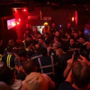 Scene of mass shooting at a bar with emergency responders and injured individuals.