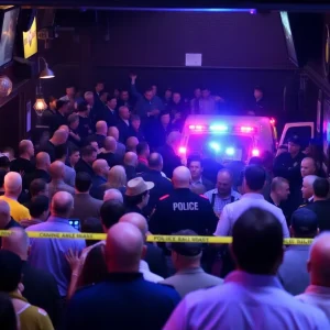 Police and emergency responders at the scene of the mass shooting at Willie’s Bar and Grill.