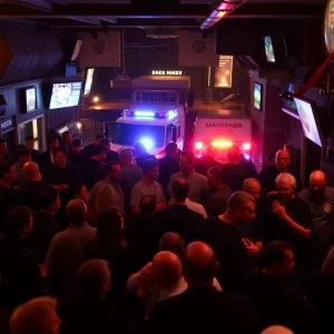Emergency response at a crowded bar after a mass shooting incident.