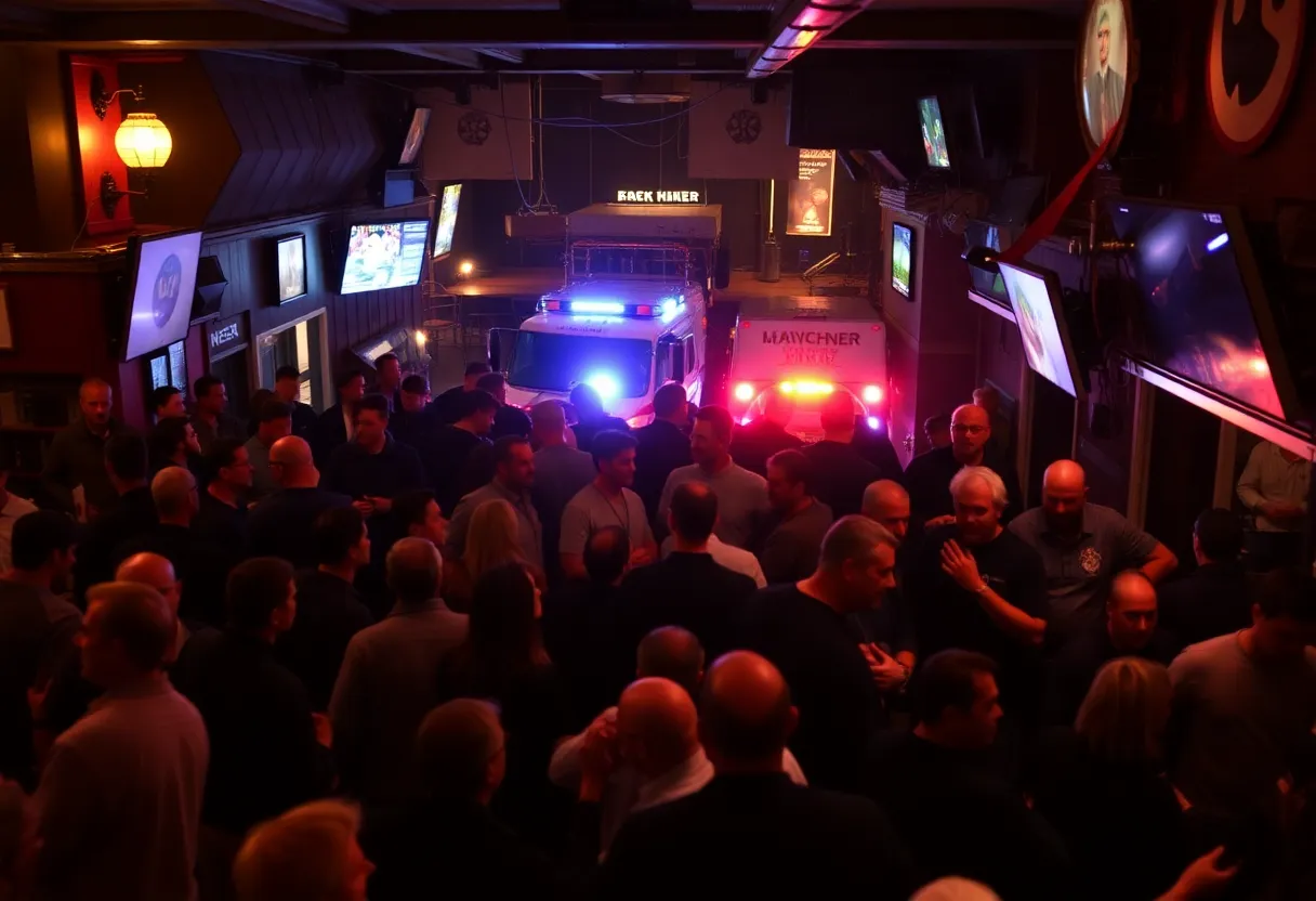 Emergency response at a crowded bar after a mass shooting incident.