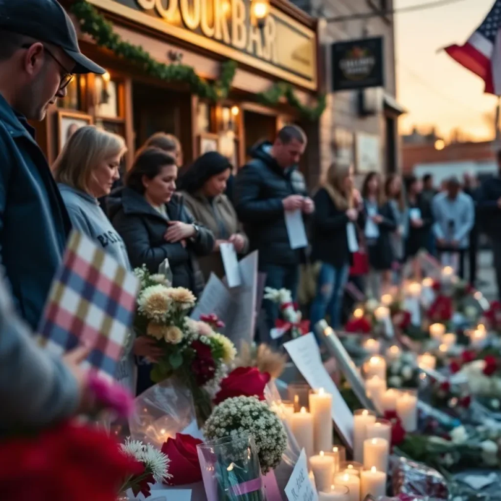 Community memorial for victims of mass shooting in front of bar