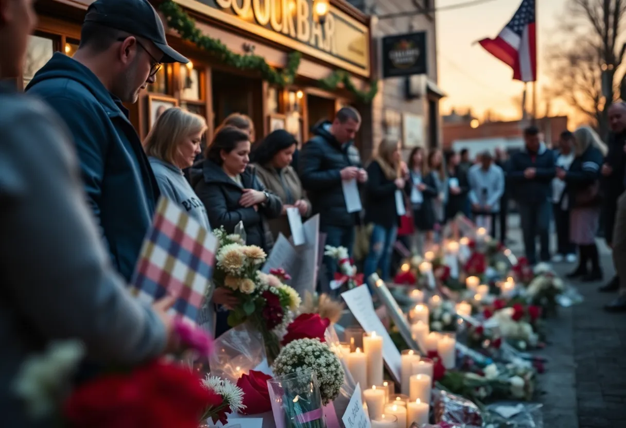 Community memorial for victims of mass shooting in front of bar