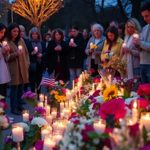 Community members gather for a memorial honoring the victims of the mass shooting.