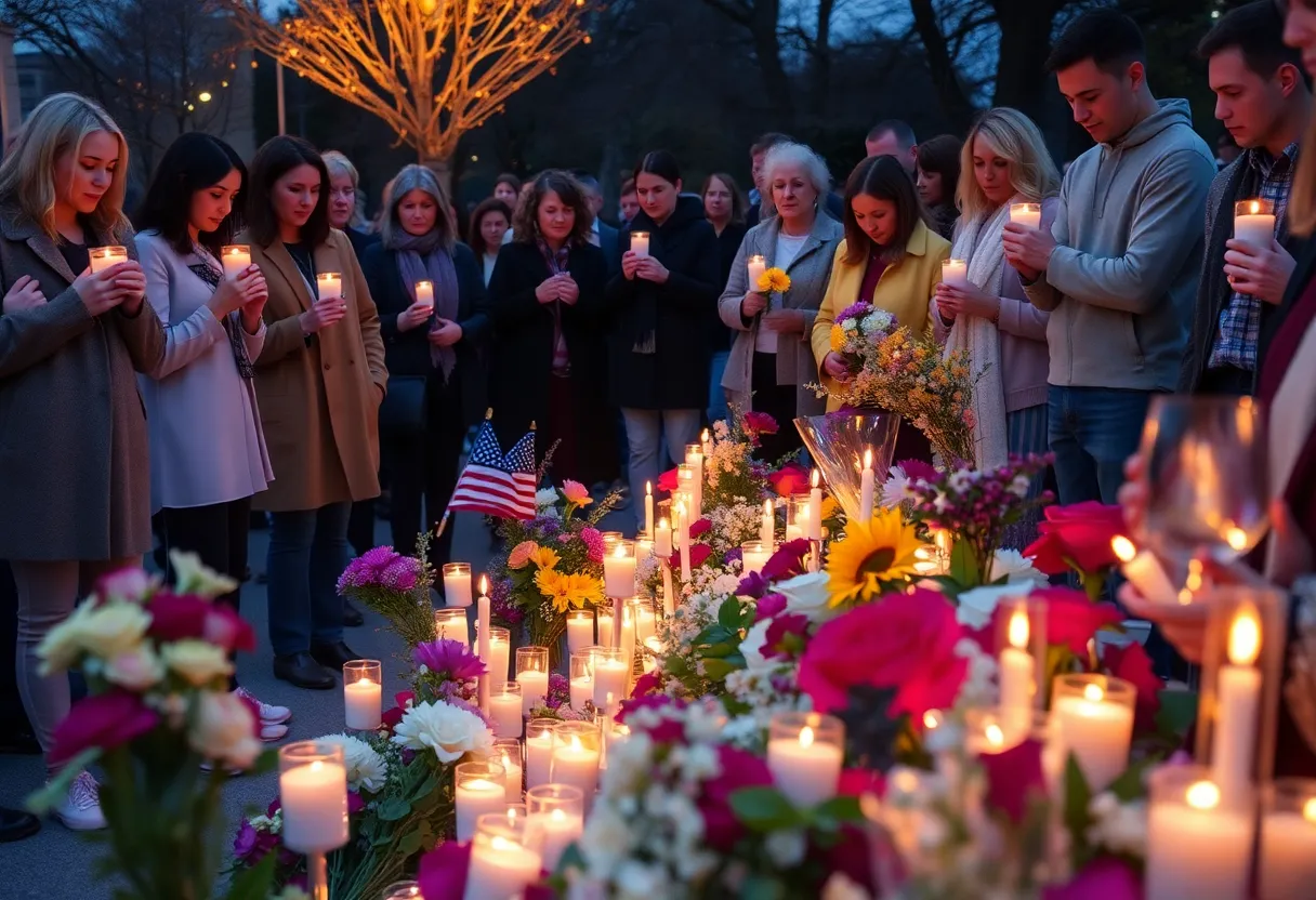 Community members gather for a memorial honoring the victims of the mass shooting.
