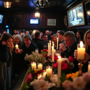 Memorial with candles and flowers at a bar shooting site