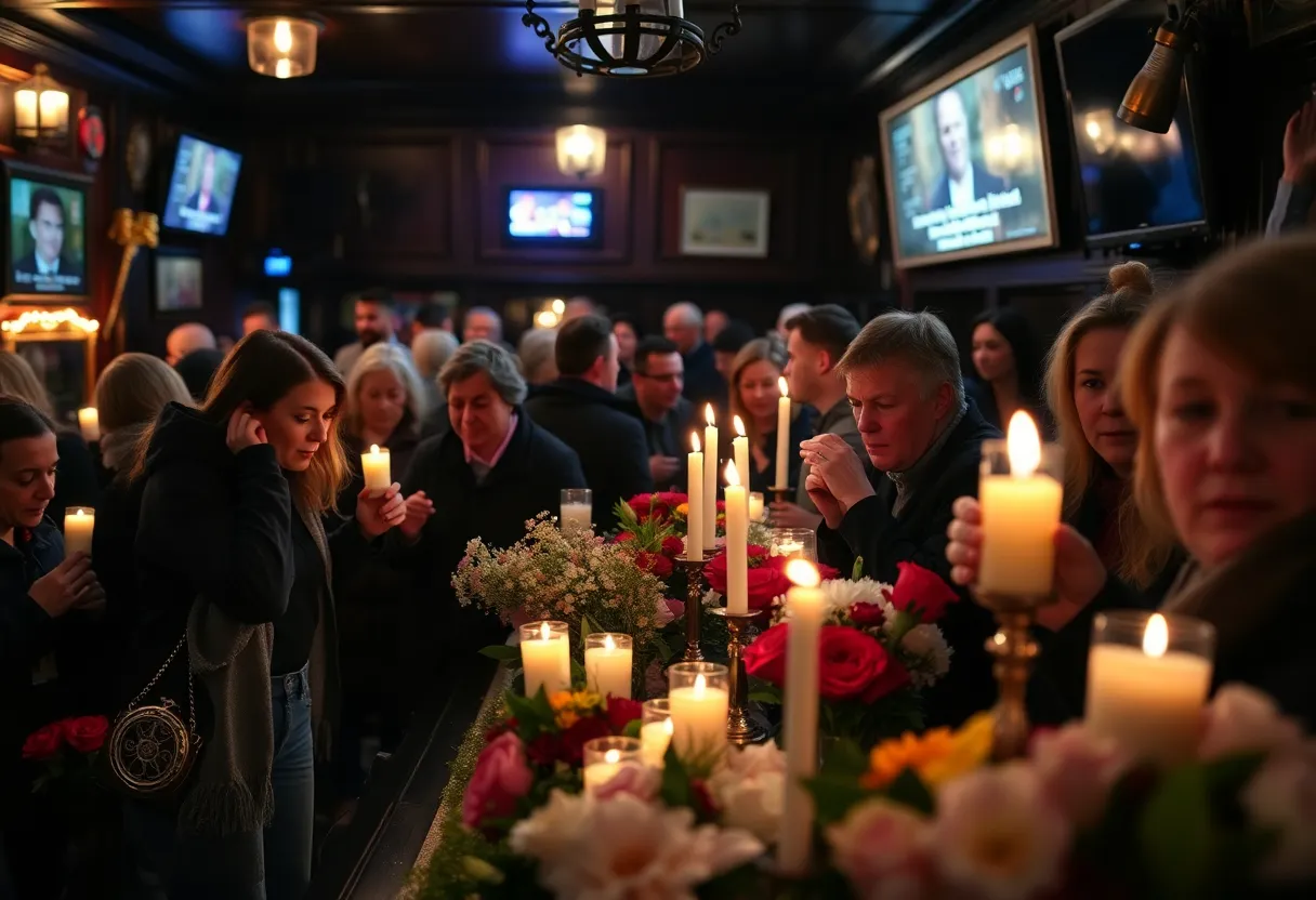 Memorial with candles and flowers at a bar shooting site