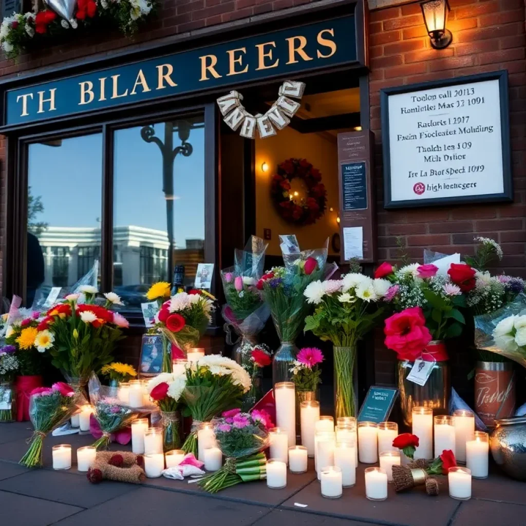 Memorial outside Willie’s Bar and Grill with flowers and candles