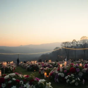 Serene memorial service setting with flowers and soft lighting
