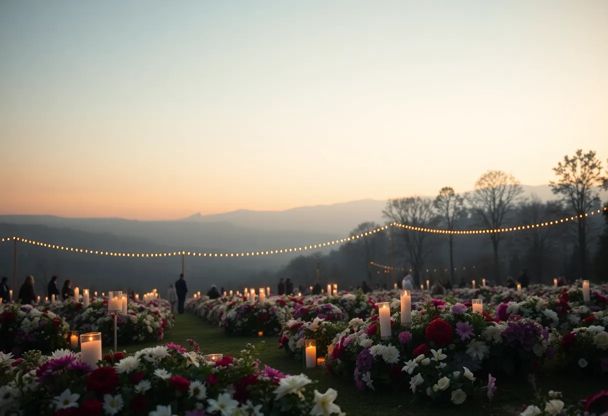 Serene memorial service setting with flowers and soft lighting