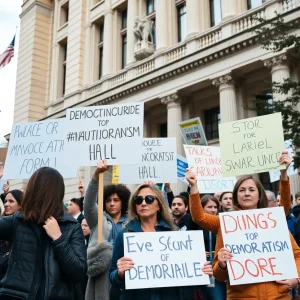 Scene of the No Kings protest in Beaufort with participants holding signs.