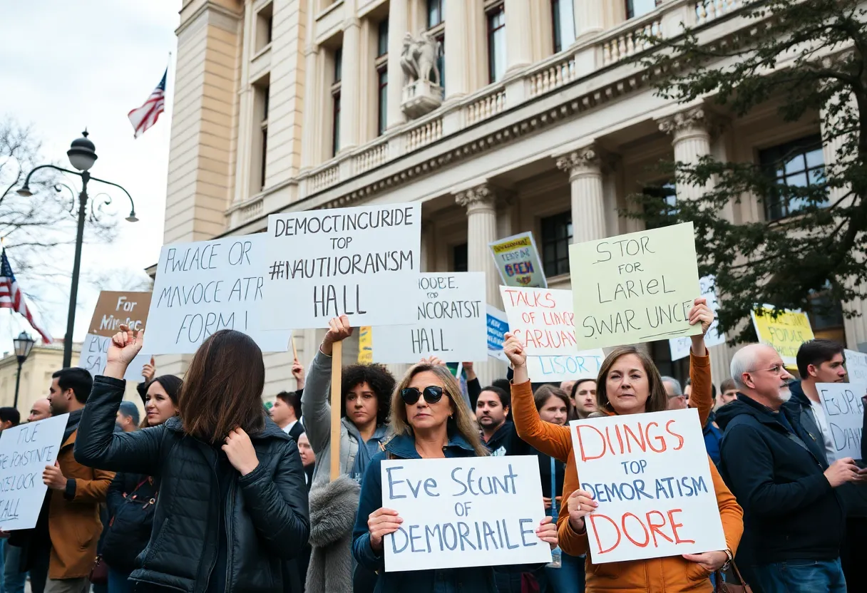 Scene of the No Kings protest in Beaufort with participants holding signs.