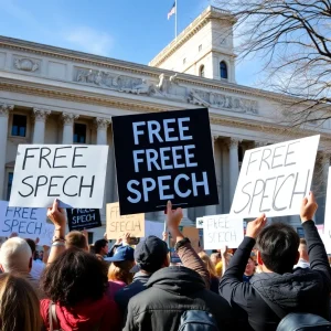 People gathered at a rally displaying signs for the No Kings movement in South Carolina.