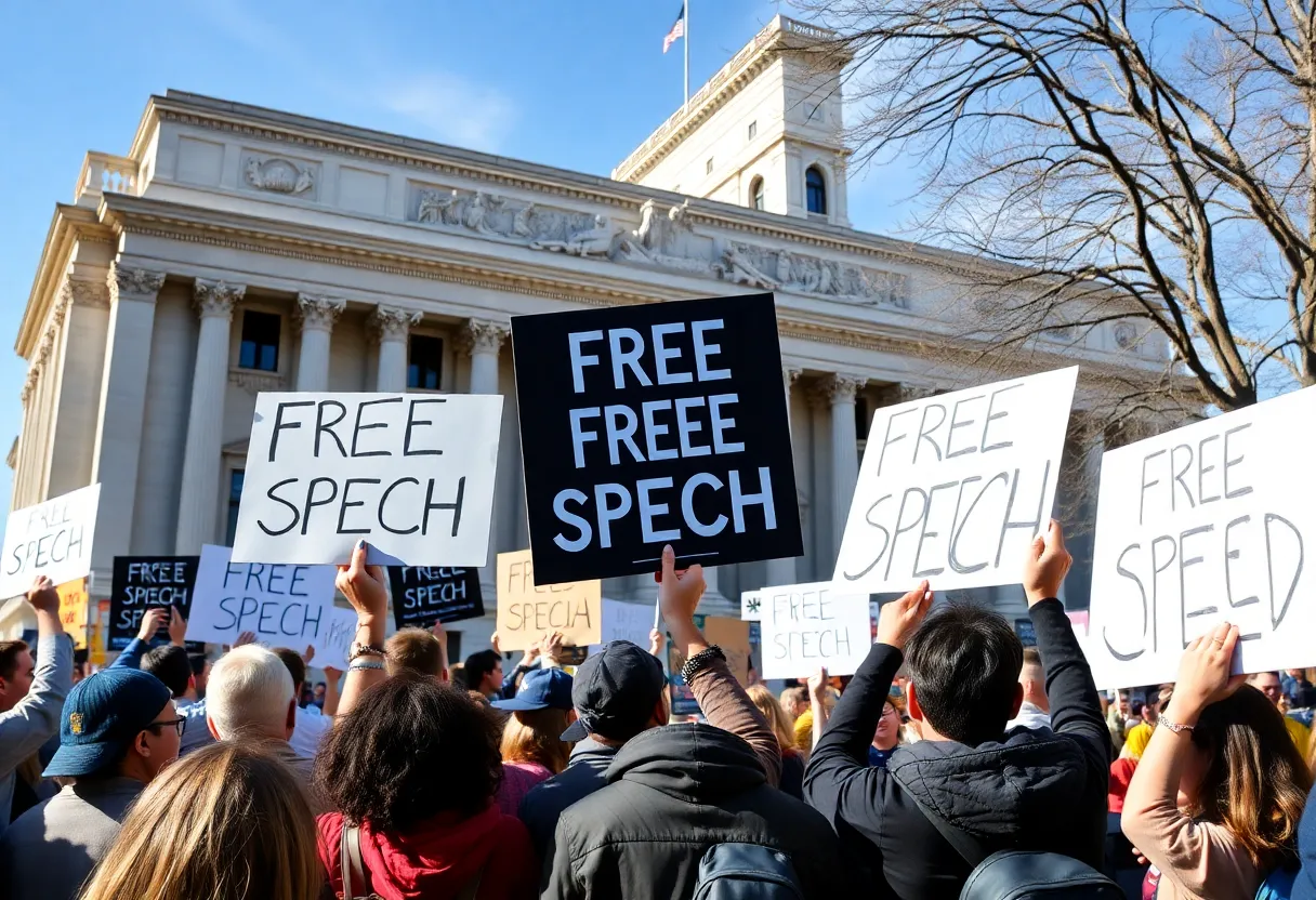 People gathered at a rally displaying signs for the No Kings movement in South Carolina.