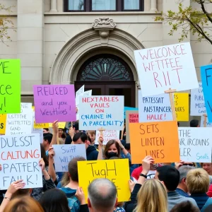 Participants holding signs at the No Kings rally in Beaufort City Hall