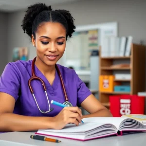A nursing student engaged in studies with healthcare resources in a classroom setting.