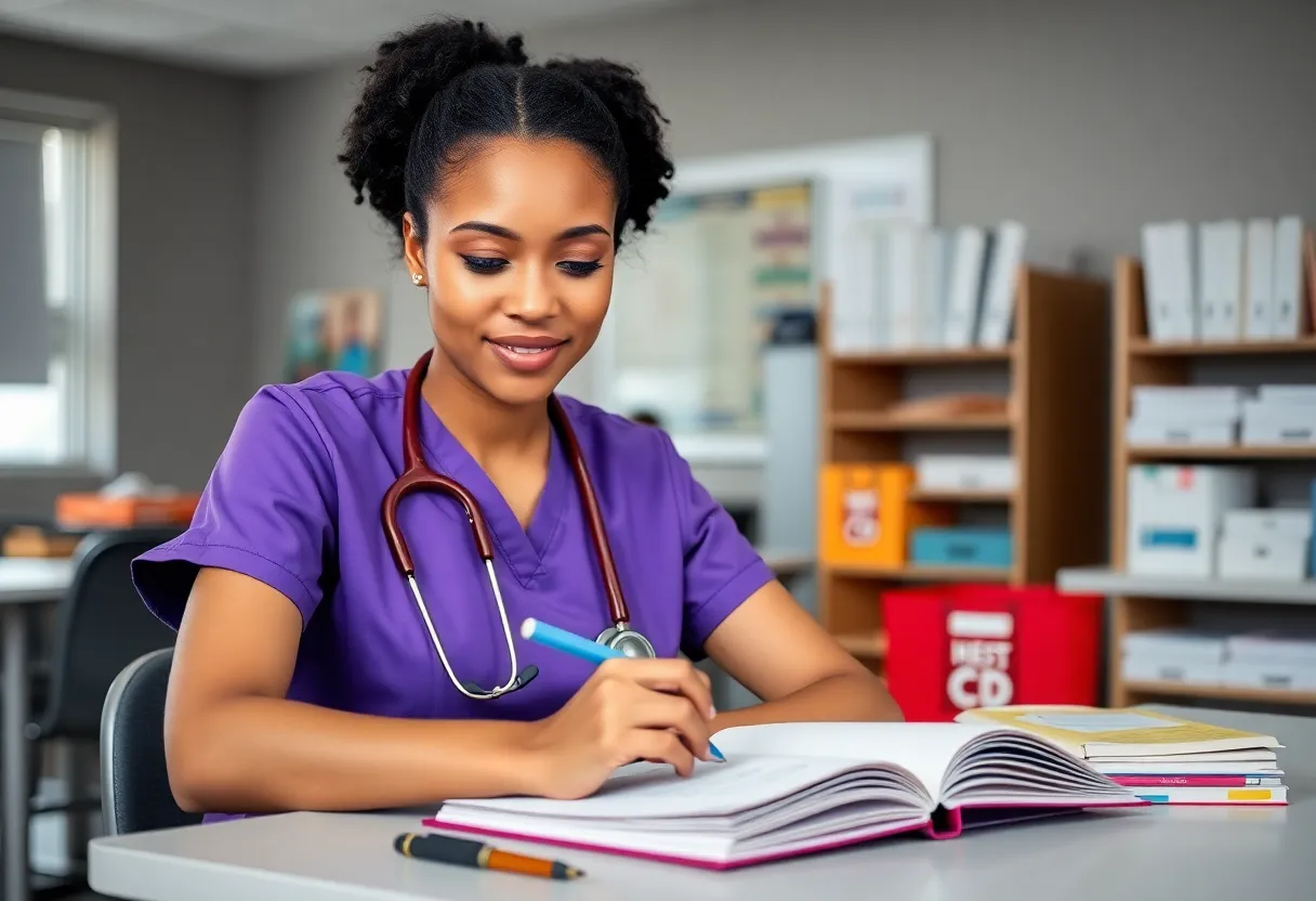 A nursing student engaged in studies with healthcare resources in a classroom setting.