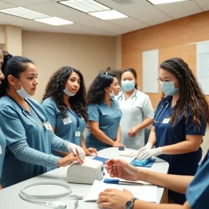Nursing students engaging in practical training in a classroom