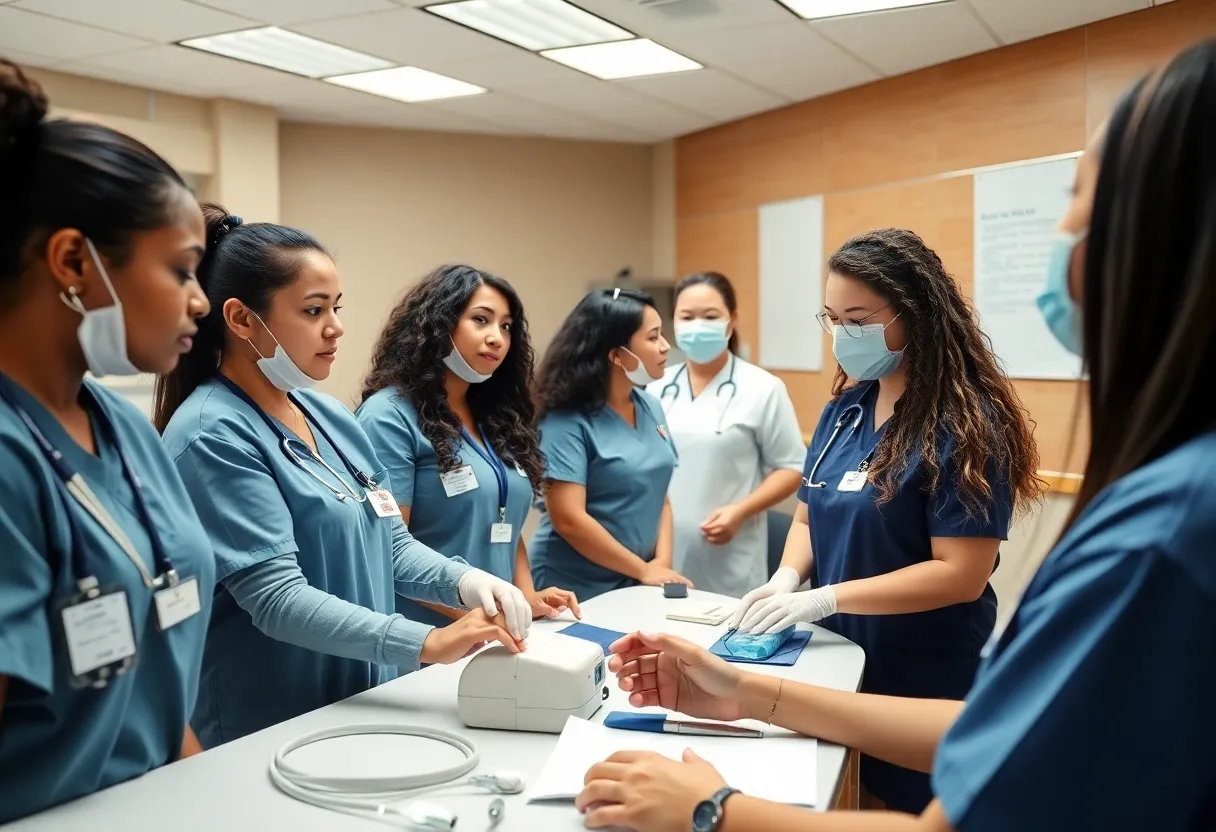 Nursing students engaging in practical training in a classroom