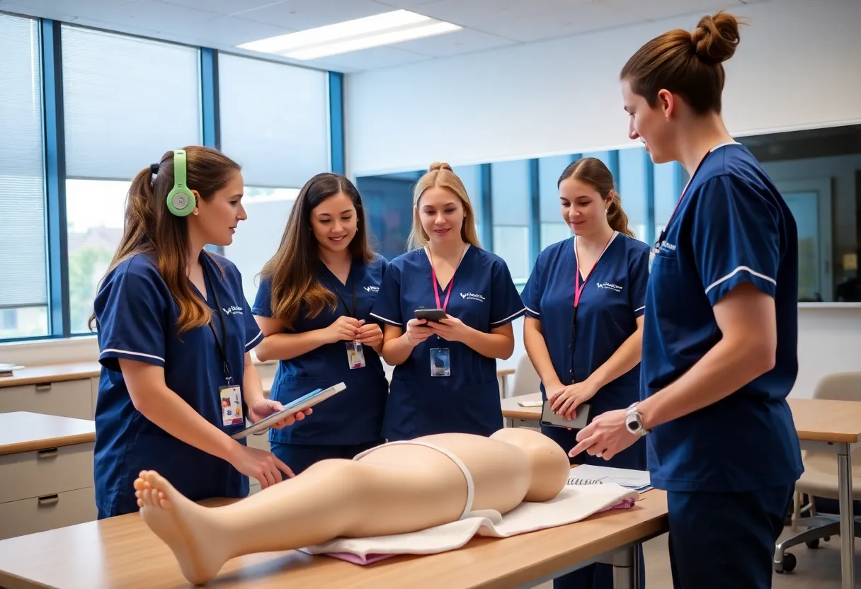 Nursing students using AI-powered manikins for training