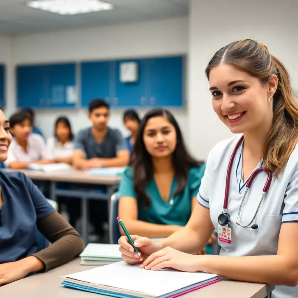 Diverse nursing students engaged in a classroom activity