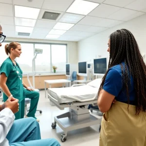 Students practicing nursing skills in a simulation lab