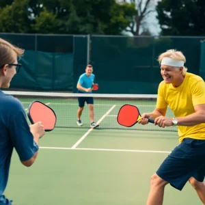 Players engaging in a friendly game of pickleball, demonstrating athletic movements.