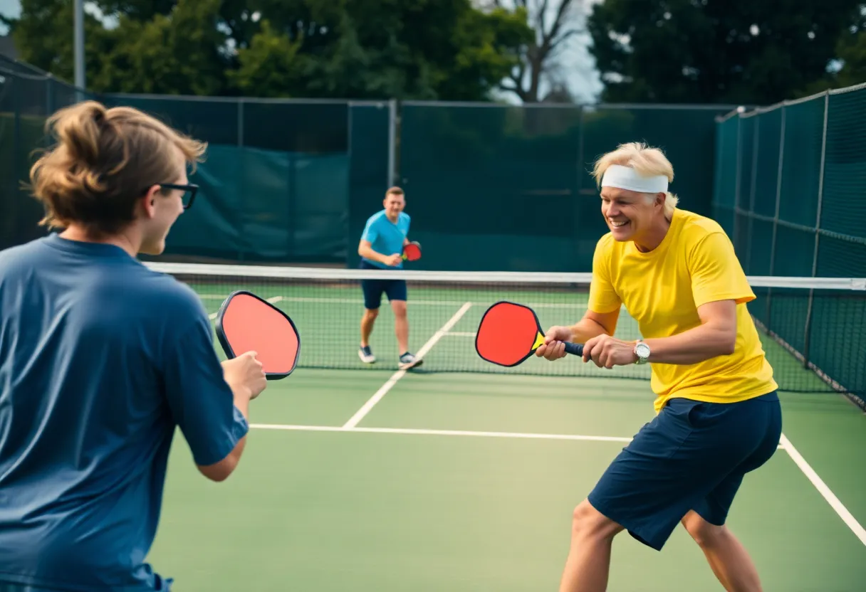 Players engaging in a friendly game of pickleball, demonstrating athletic movements.