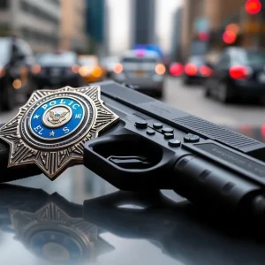 Police badge and gun symbolizing law enforcement issues