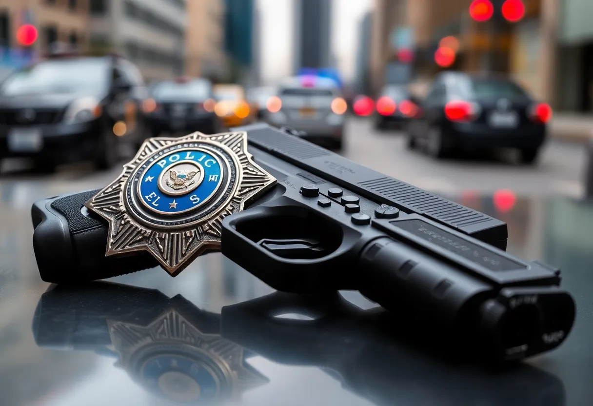 Police badge and gun symbolizing law enforcement issues