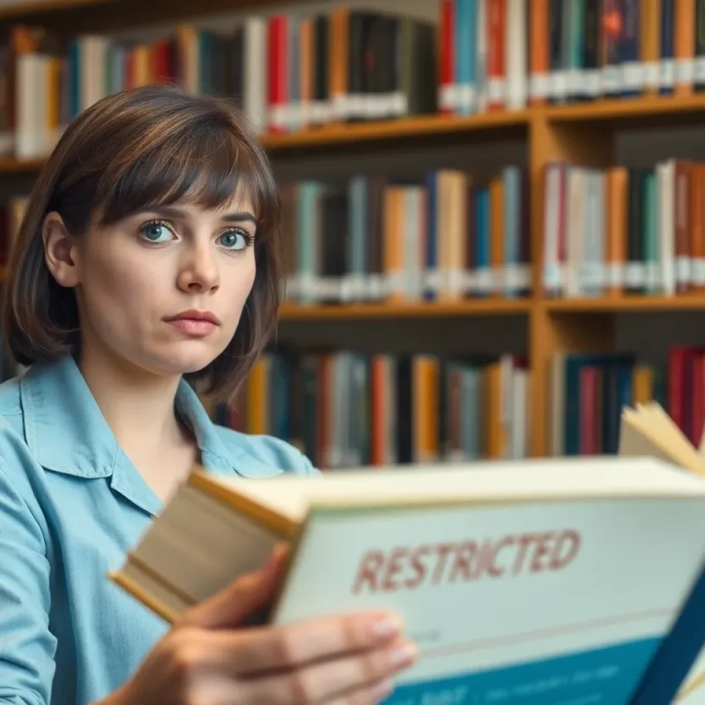 Librarian in a school library looking concerned about book censorship