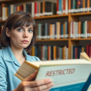Librarian in a school library looking concerned about book censorship