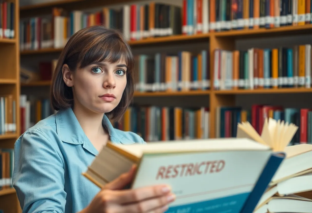 Librarian in a school library looking concerned about book censorship