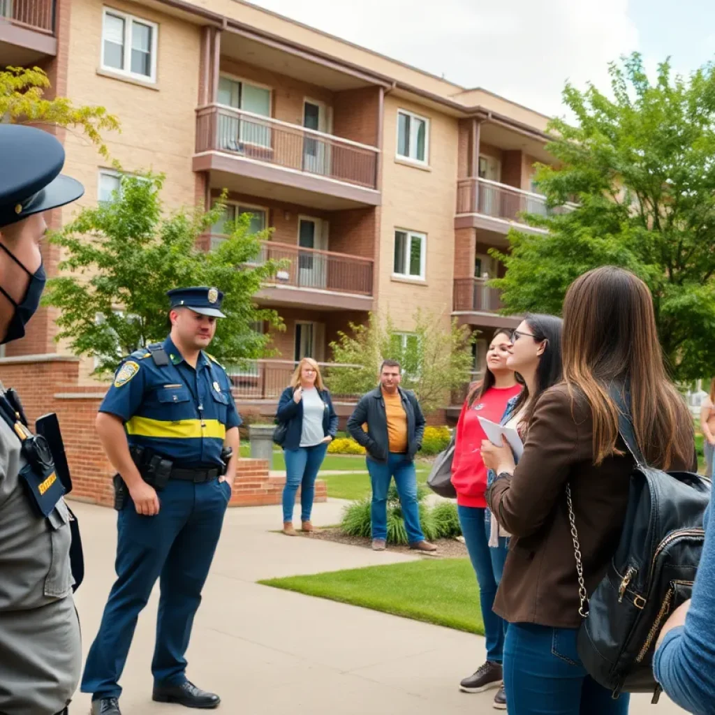 Campus scene showing police and community members after shooting incident.