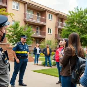 Campus scene showing police and community members after shooting incident.