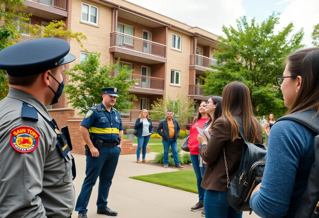 Campus scene showing police and community members after shooting incident.