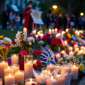Vigil with candles and flowers for victims of a mass shooting