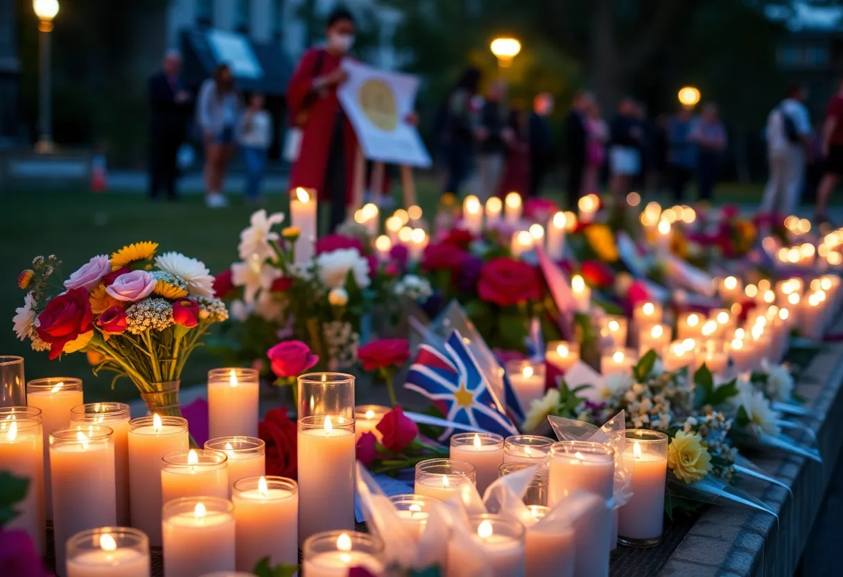 Vigil with candles and flowers for victims of a mass shooting