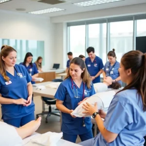Students practicing nursing skills in a training lab with simulation manikins.