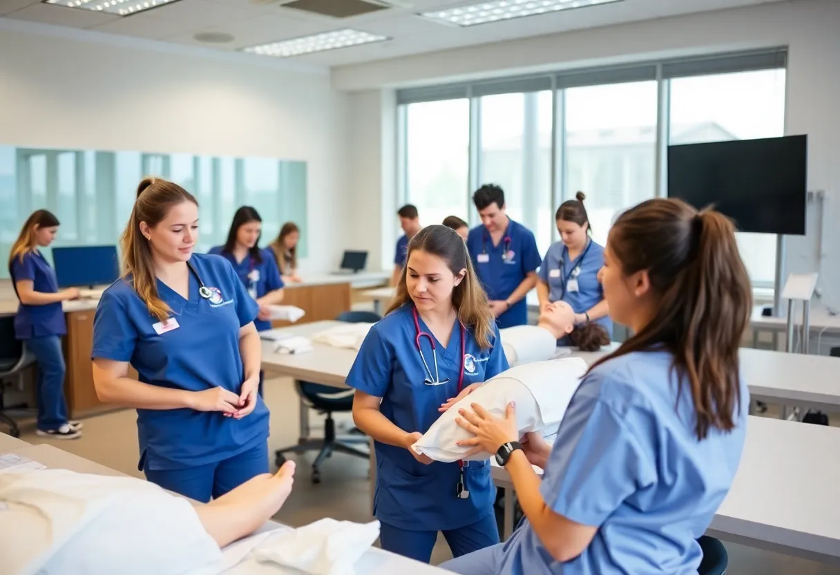 Students practicing nursing skills in a training lab with simulation manikins.