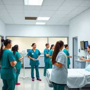Students training in a nursing program with advanced simulation labs