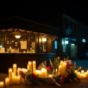 Candles and flowers at a vigil for shooting victims