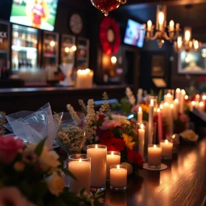 Vigil setup with candles and flowers for victims of mass shooting at Willie's Bar and Grill