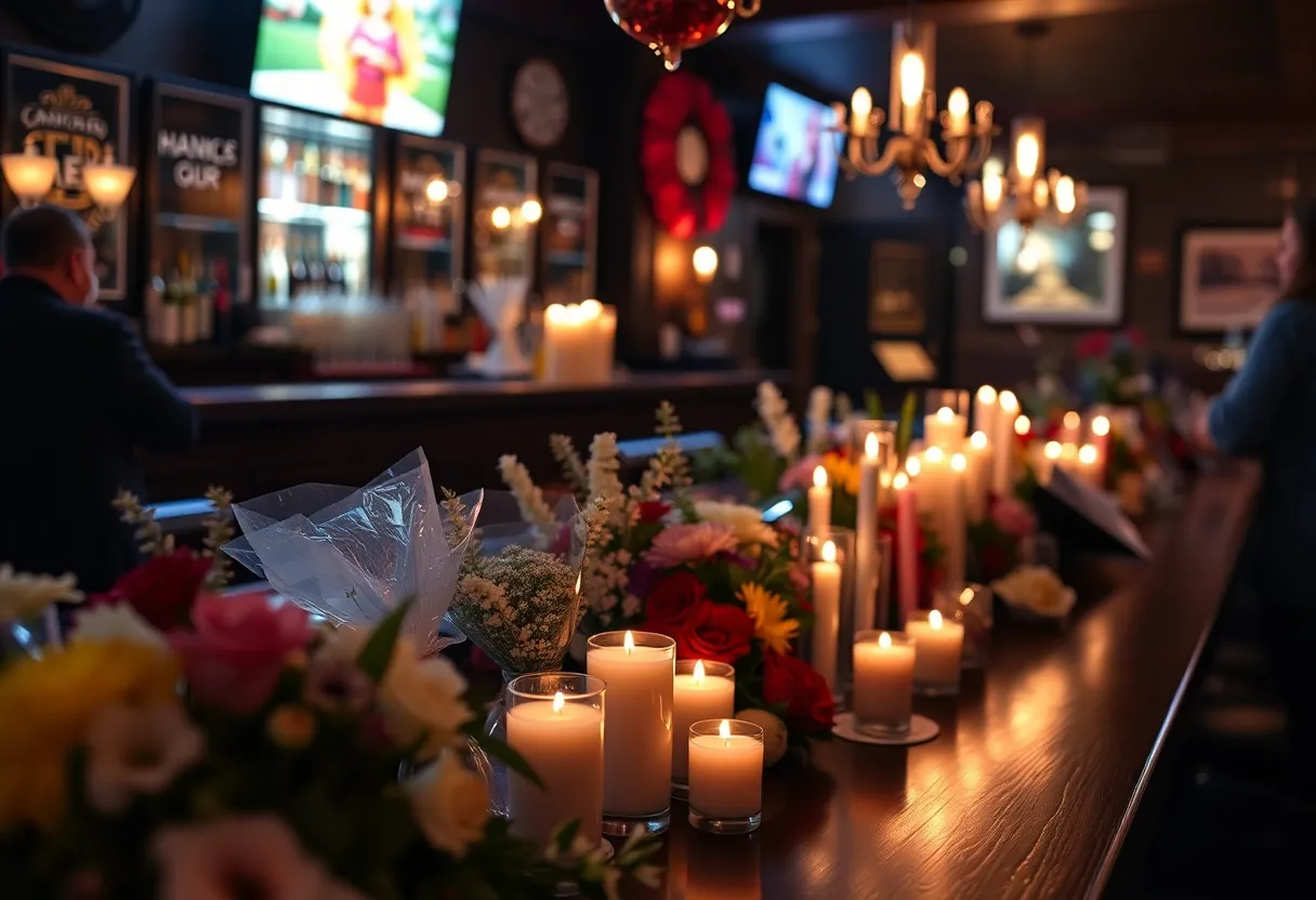 Vigil setup with candles and flowers for victims of mass shooting at Willie's Bar and Grill