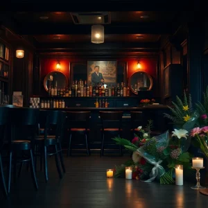 Memorial setup with flowers and candles outside a bar
