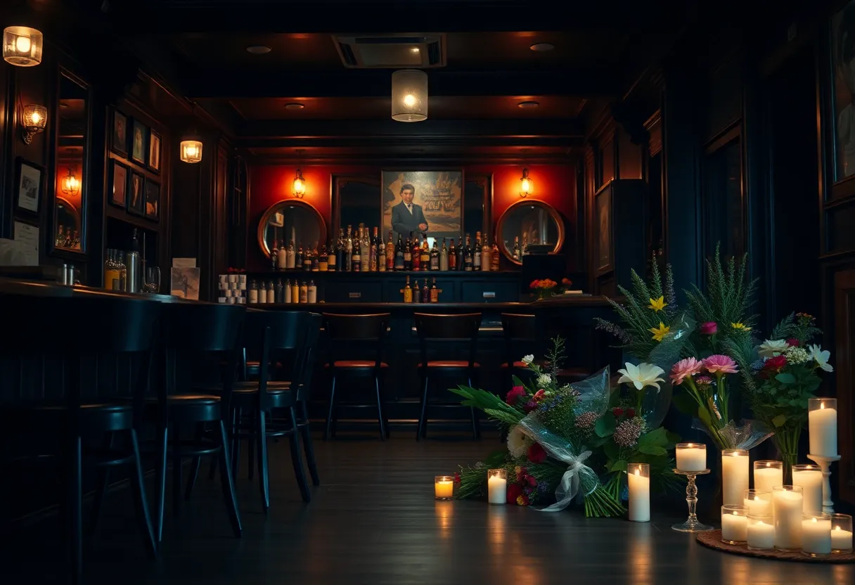 Memorial setup with flowers and candles outside a bar