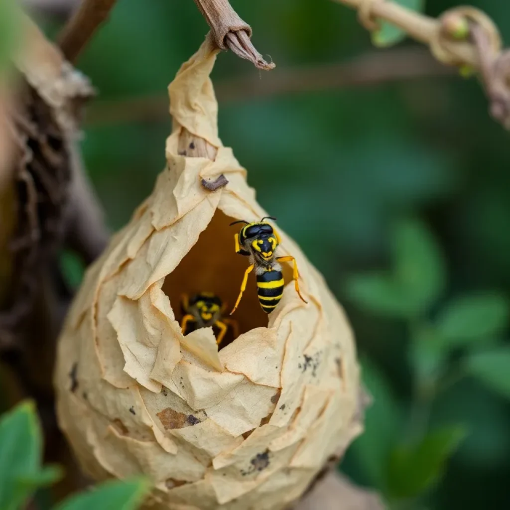 Pear-shaped nest of Yellow-Legged Hornets made from tan material