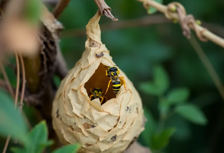 Pear-shaped nest of Yellow-Legged Hornets made from tan material