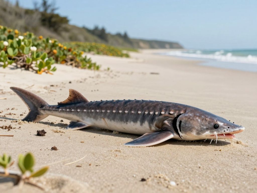 A rare Atlantic sturgeon washed ashore on a beach in Beaufort County.