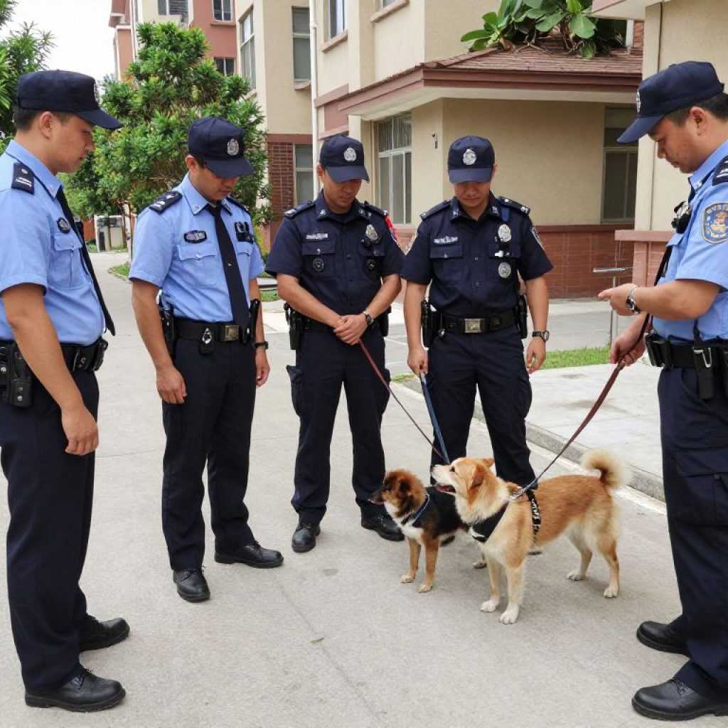 Law enforcement and animal control officers collaborating in a residential area.