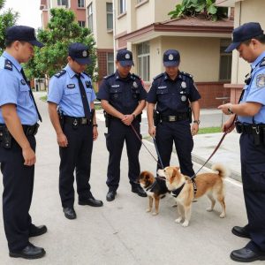 Law enforcement and animal control officers collaborating in a residential area.